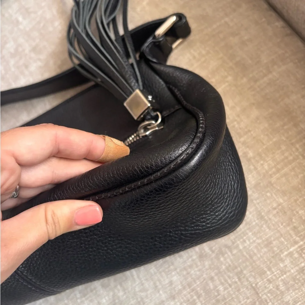Authentic CHANEL black grained calfskin CC oversized charm baguette hobo bag
